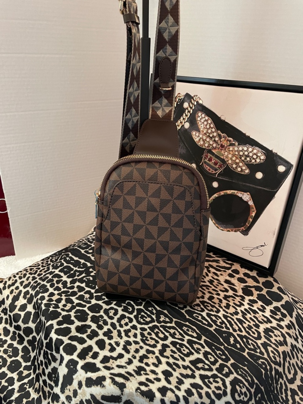 Geometric Brown Crossbody Sling Bag with Patterned Strap